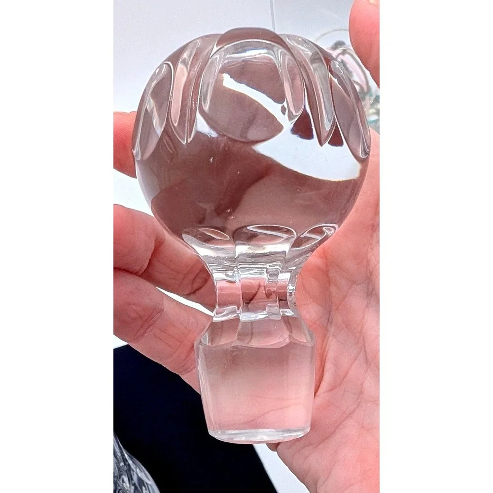 Vintage Cut Glass Decanter with Faceted Orb Stopper Clear Crystal Style 12.5